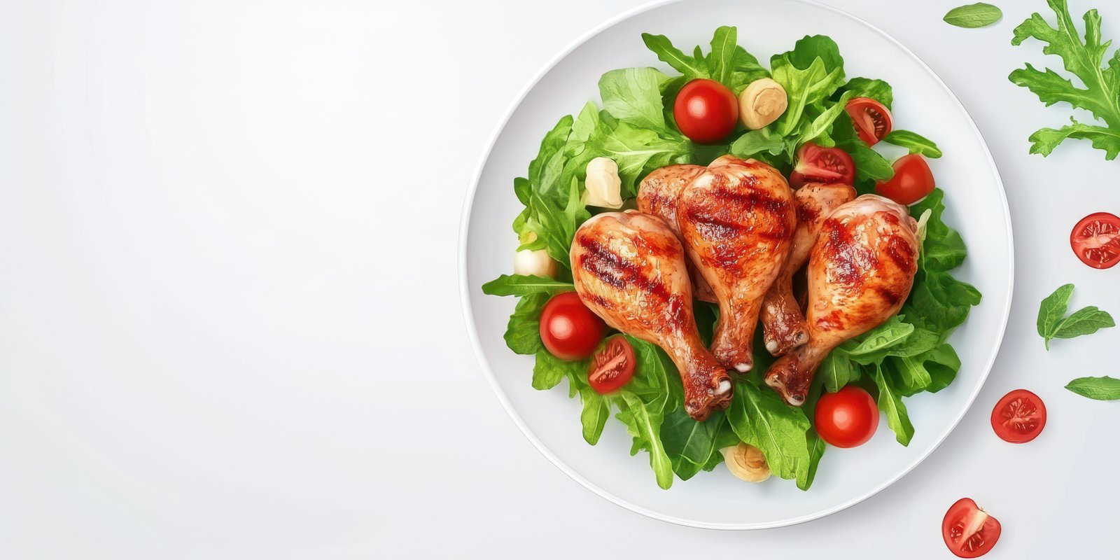 Grilled chicken drumsticks served on fresh salad with cherry tomatoes, croutons, and greens